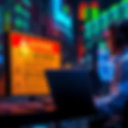 A graphic showing a trader with a laptop and a warning sign about fines for not complying with new UK crypto rules.