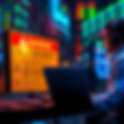 A graphic showing a trader with a laptop and a warning sign about fines for not complying with new UK crypto rules.
