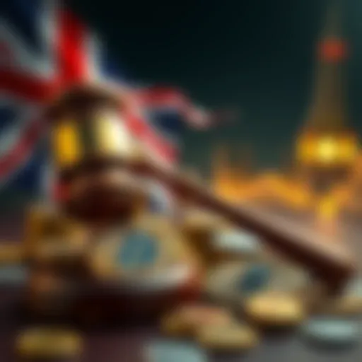 A visual representation of the UK government symbolizing their crackdown on crypto tax evasion, featuring a gavel and cryptocurrencies like Bitcoin and Ethereum.