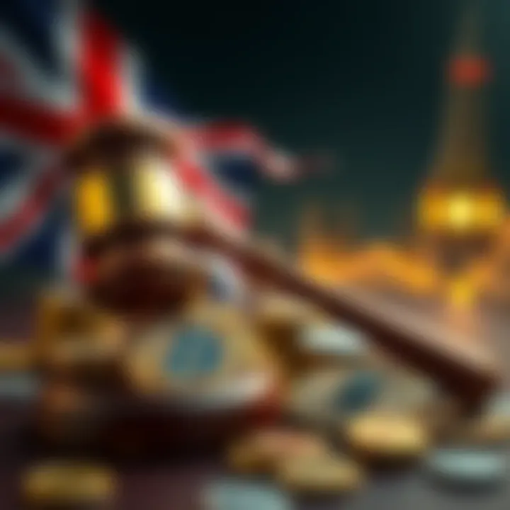 A visual representation of the UK government symbolizing their crackdown on crypto tax evasion, featuring a gavel and cryptocurrencies like Bitcoin and Ethereum.