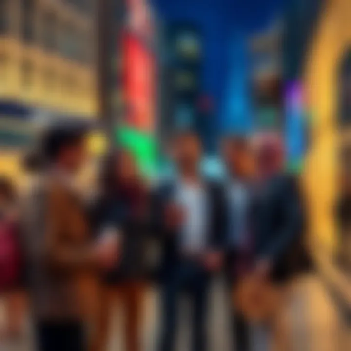 A group of diverse UK investors discussing Bitcoin and Ether in an urban setting, showing enthusiasm and interest in cryptocurrency investments.