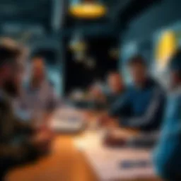 A group of UK investors discussing traditional finance versus direct platforms like Coinbase, with charts and financial reports on the table.