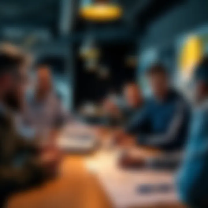 A group of UK investors discussing traditional finance versus direct platforms like Coinbase, with charts and financial reports on the table.