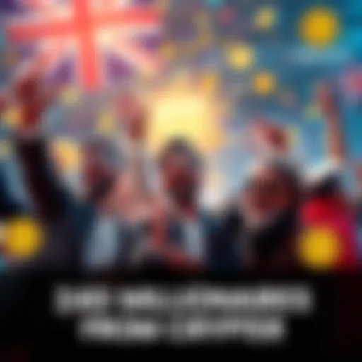 UK Millionaires from Crypto A group of wealthy individuals celebrating their financial success from cryptocurrency investments, with digital currency symbols in the background.