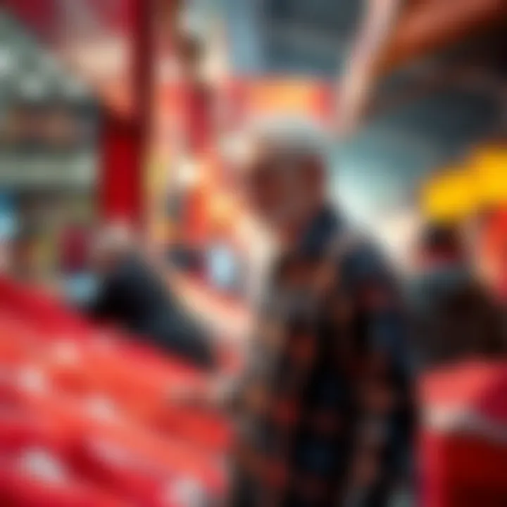 A man known as 'Uncle' standing beside a display of red salt, engaging with local shoppers