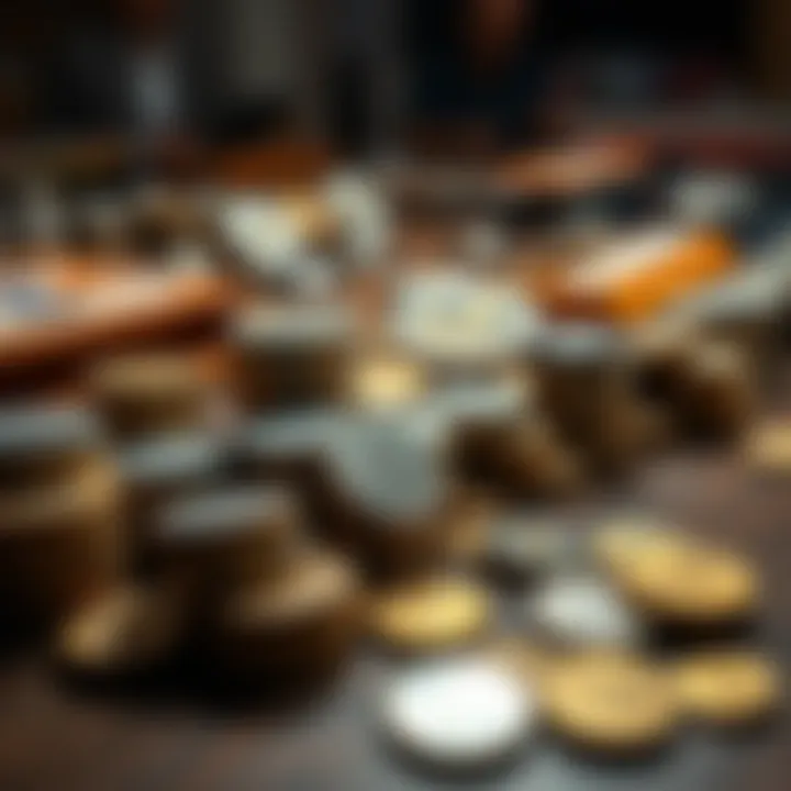 A collection of uncleaned coins showcasing their details on a wooden table with collectors examining them.
