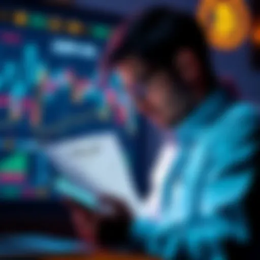 A person reviewing a 1099-DA tax form with cryptocurrency symbols and charts in the background