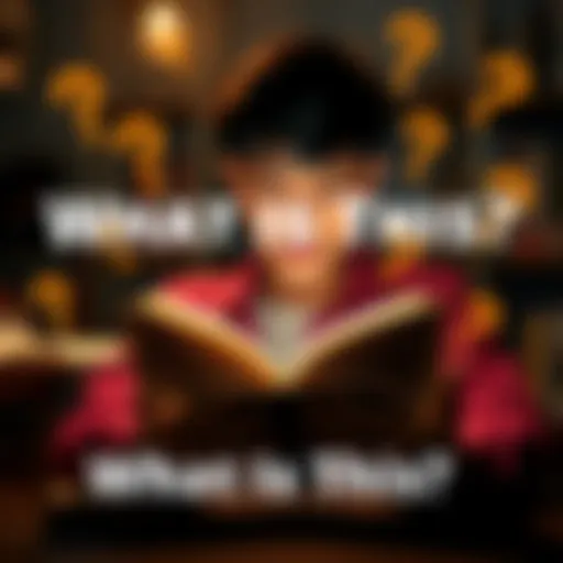 Understanding the Topic A person reading a book with question marks around them, symbolizing curiosity and learning about a subject.