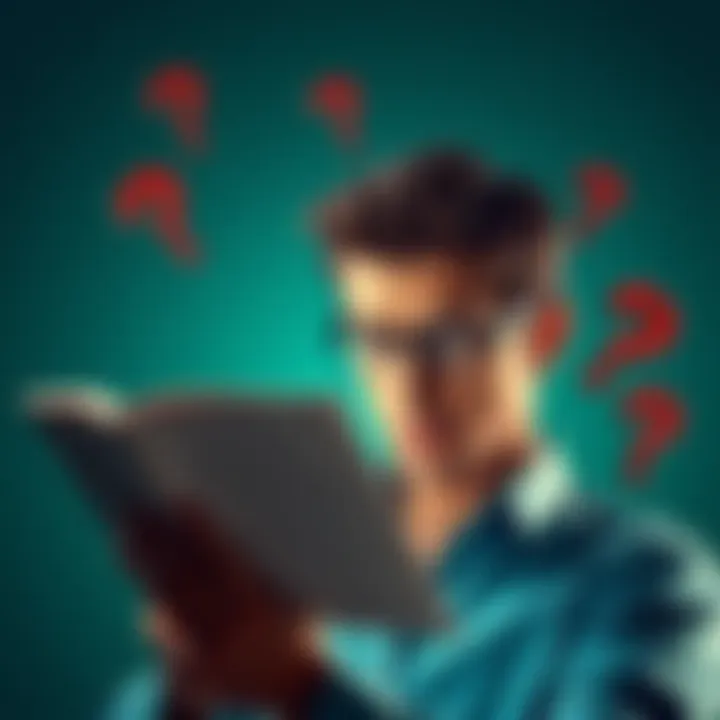 Understanding Context A person looks confused while reading a statement, surrounded by question marks, symbolizing the need for clarity.