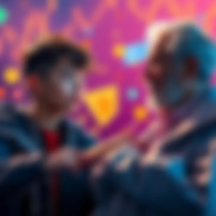 A young person explaining cryptocurrencies to an older person, with symbols of digital assets and fiat currency in the background.