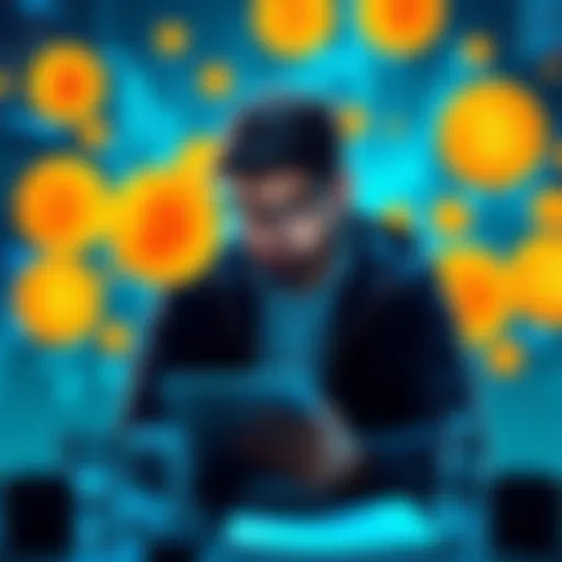 Understanding Crypto Basics A person studying cryptocurrency concepts, surrounded by Bitcoin symbols and blockchain graphics.