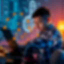 Understanding Cryptocurrency A person studying cryptocurrency concepts on a laptop with blockchain graphics and digital coins around them.