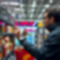 A shopper examining price tags in a store, showing how prices affect buying decisions.