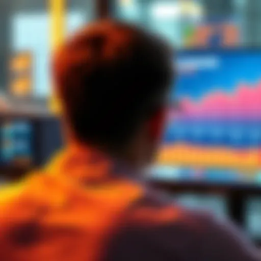 A person looking at a computer screen displaying staking options and rewards graph.