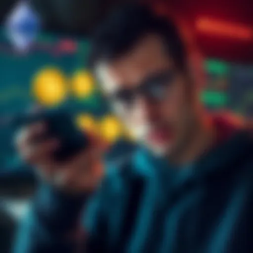 A confused person looking at a digital wallet with T99 tokens displayed on the screen, highlighting the challenges in transferring cryptocurrencies.