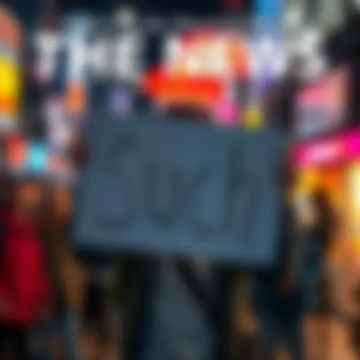 A person holding a sign with the word 'Such' in bold letters, surrounded by curious onlookers, illustrating the impact of communication in society.