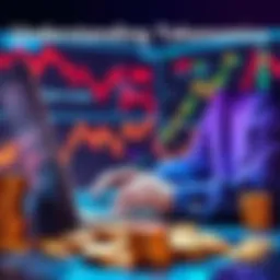 A person analyzing cryptocurrency charts and token data on a laptop, surrounded by coins and graphs.