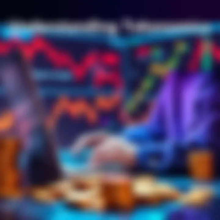 A person analyzing cryptocurrency charts and token data on a laptop, surrounded by coins and graphs.