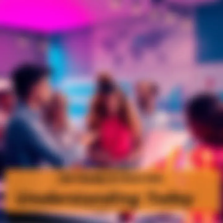 Understanding Trends A group of people engaged in a discussion about current trends and ideas, surrounded by charts and graphs.