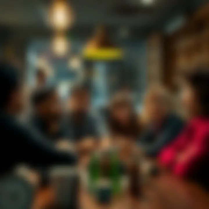 A group of people looking surprised and discussing breaking news in a coffee shop setting.