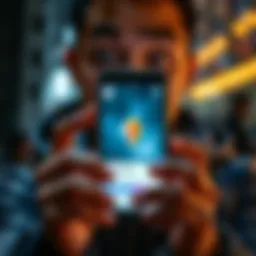 A person holding a smartphone displaying a rare item in an app, with a surprised expression on their face.