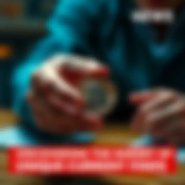 A person holding a distinct coin, examining its surface for details, with a blurred background of a table.