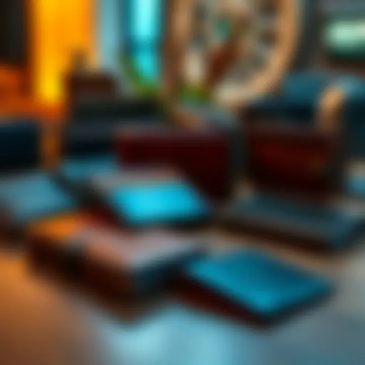 A variety of unique wallet designs displayed on a table, showcasing different styles and materials.