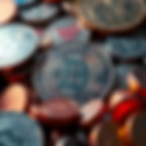 Unique Coin Features A close-up view of a distinctive coin surrounded by other coins that are losing value, symbolizing its stability in the market.