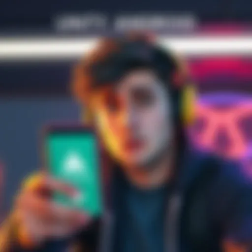 A gamer looking worried while holding a smartphone displaying a crypto wallet app, with a warning symbol on the screen.