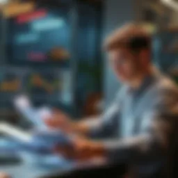 A university student analyzing cryptocurrency charts and financial reports while surrounded by study materials