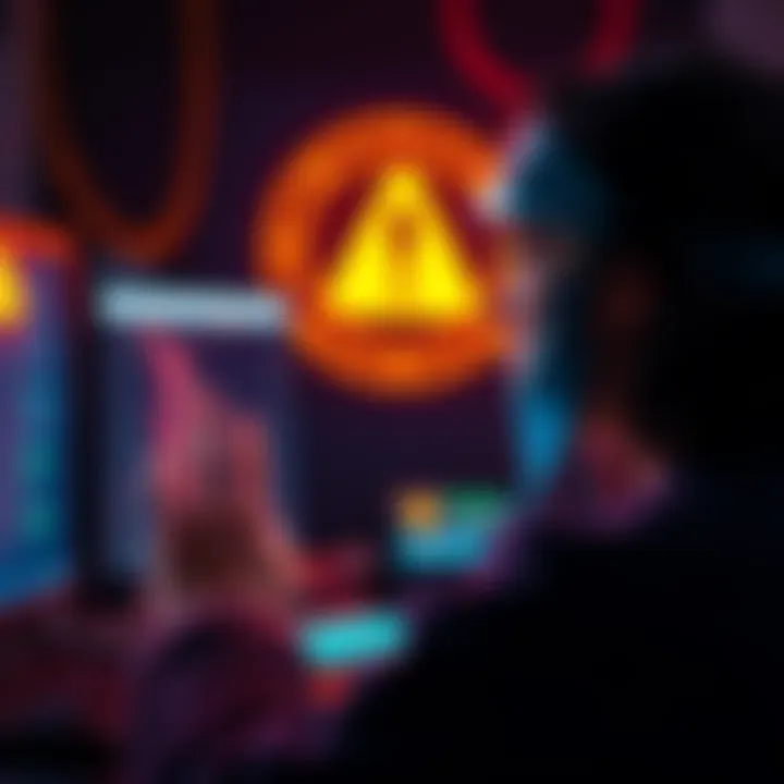 A person looking at their MetaMask wallet on a computer screen, surprised by a random token appearing, with a warning symbol in the background.