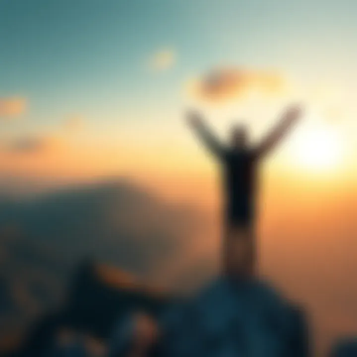 A person standing on a mountain peak looking out over a beautiful landscape with arms raised in victory, symbolizing personal growth and achievement.