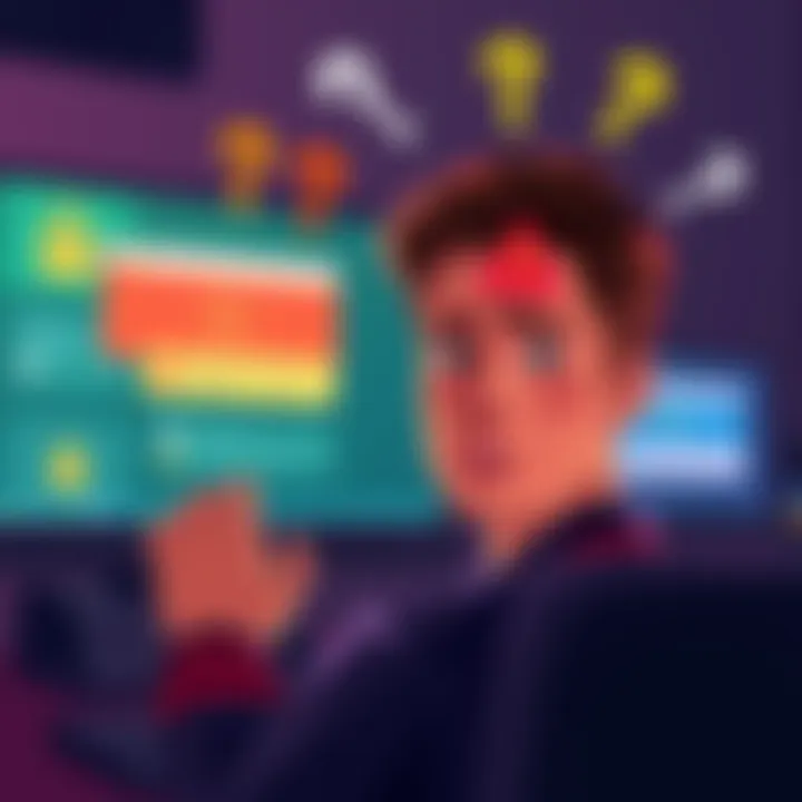 Staking Issues Illustration A person looking confused while trying to unstake their DOT on a computer screen, with visual clues showing locked funds and error messages.