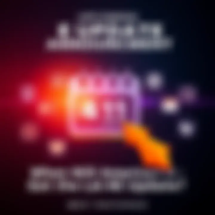 A graphic showing a calendar with an arrow pointing to a date marked for the AE update release, alongside icons representing new features.