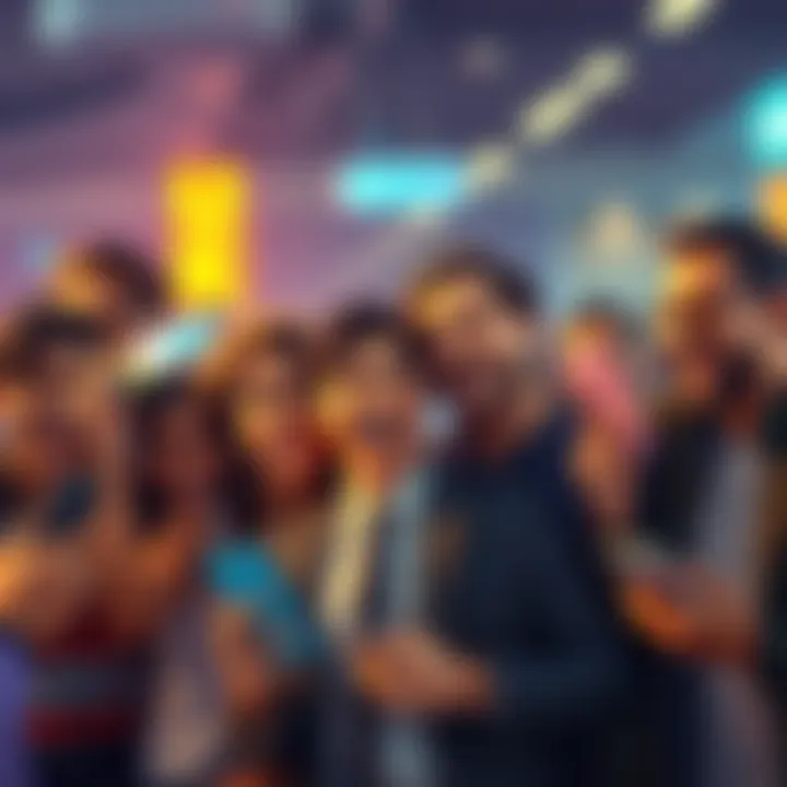 A group of people eagerly discussing the upcoming 100k drawing by Uphold, with excited expressions and smartphones in hand.