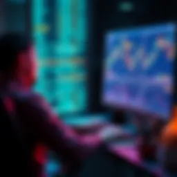 A person sitting at a computer with cryptocurrency charts on the screen, representing research on harmful trading patterns