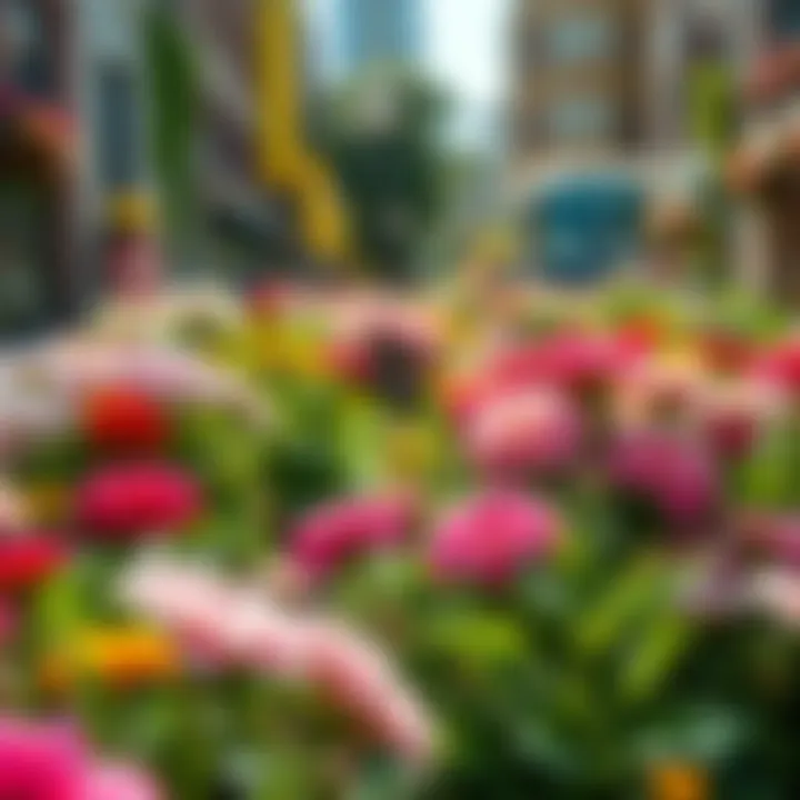 A vibrant urban garden filled with colorful flowers and greenery, showing nature's recovery in the city.