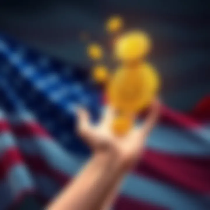 Illustration showing a U.S. flag with Bitcoin coins and a hand reaching for them, symbolizing the US claiming Bitcoin superpower status through confiscation.