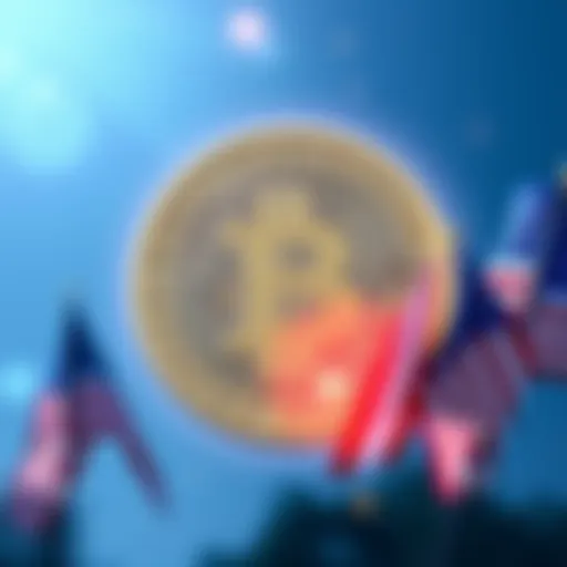 Illustration of a Bitcoin symbol with U.S. flags, representing government interest in cryptocurrency