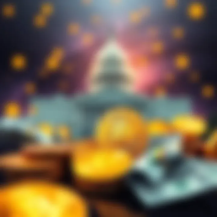 US government transferring Bitcoin, showing digital currency movement, with Bitcoin symbols and cash in the background.