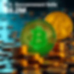 A graphic illustrating the U.S. government selling Bitcoin, depicted with coins and a dollar sign, symbolizing financial movement.