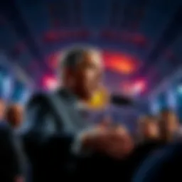 US Lawmaker Speaking A US lawmaker addressing a crowd about the SEC and cryptocurrency regulations, with concerned investors in the background.