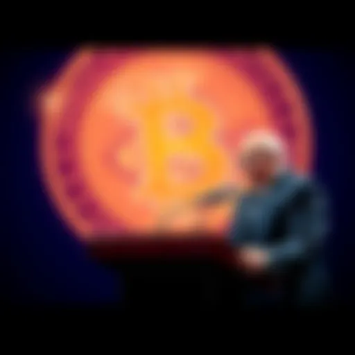 US Treasury Secretary quoting Satoshi US Treasury Secretary speaking at a podium with a Bitcoin symbol in the background, referencing Satoshi Nakamoto