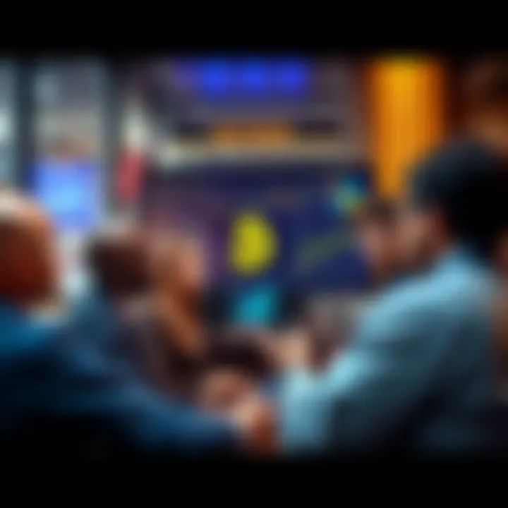 A group of diverse people in a bank discussing Bitcoin and cryptocurrency trends, with charts and graphs on a screen