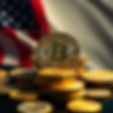 A collection of Bitcoin coins with a US flag in the background, symbolizing the government's potential control over cryptocurrency.