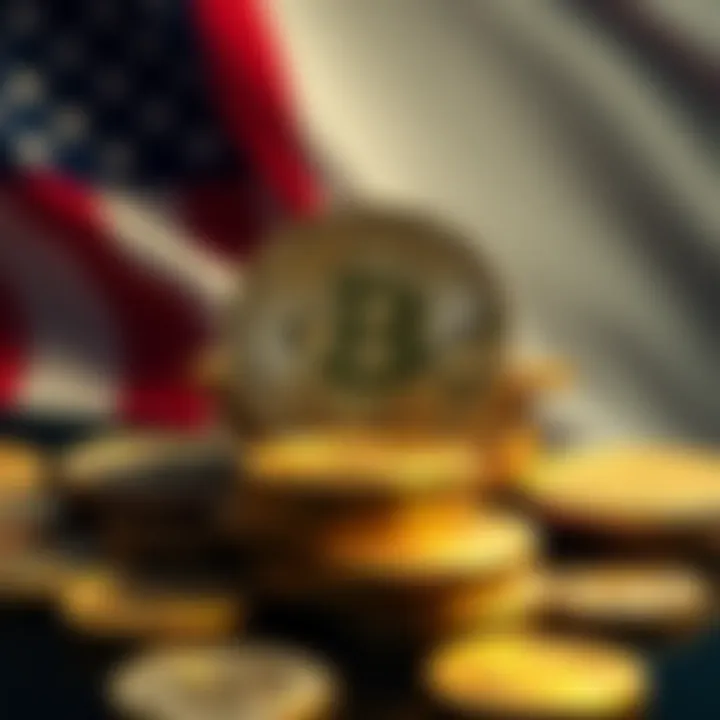 A collection of Bitcoin coins with a US flag in the background, symbolizing the government's potential control over cryptocurrency.