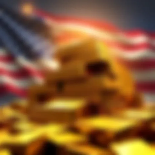 An illustration of gold bars stacked with the US flag in the background, representing gold monetization and its potential impact on Bitcoin.