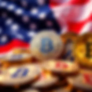Graphic depicting Bitcoin coins with a backdrop of the US flag, symbolizing the government's cryptocurrency holdings.