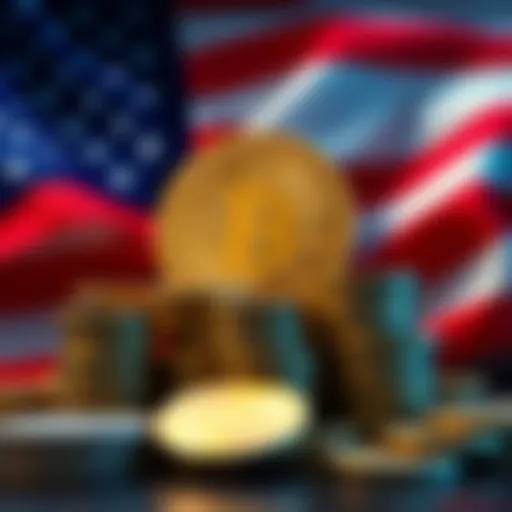 The US flag with a crypto symbol and stacks of coins, representing the seizure of Iranian cryptocurrency assets.