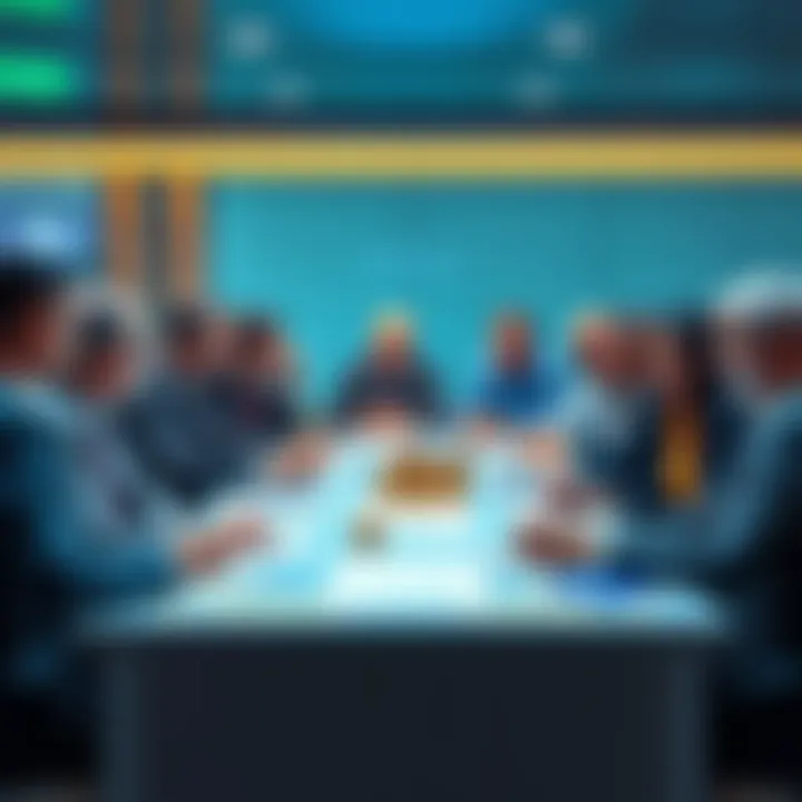 A group of diverse bank representatives discussing plans for a collaborative cryptocurrency stablecoin around a table